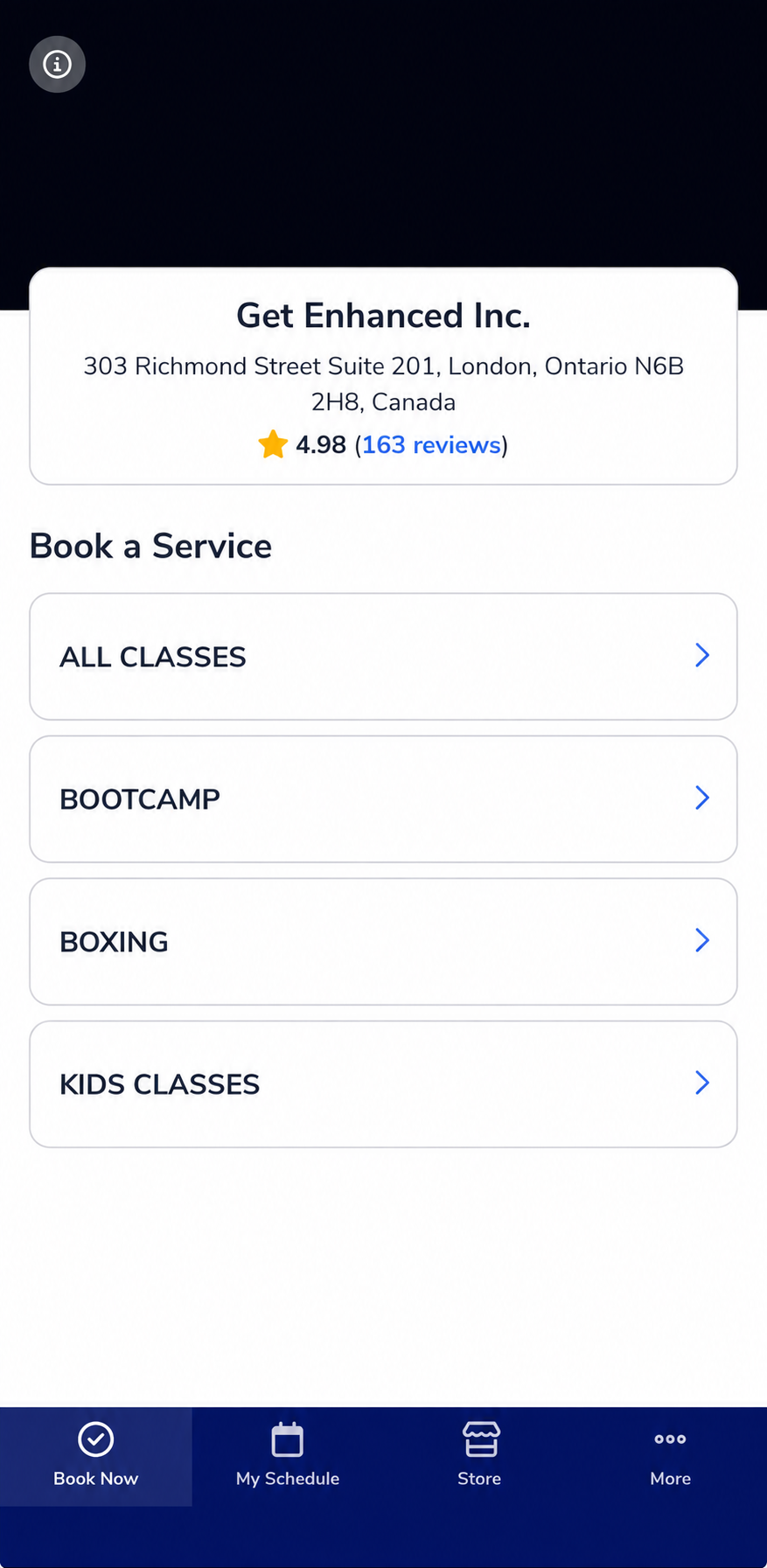Get Enhanced Inc. booking app, with the Store tab in the bottom navigation